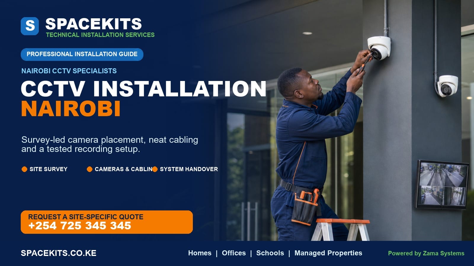 SpaceKits CCTV installation Nairobi service guide showing a technician mounting a security camera