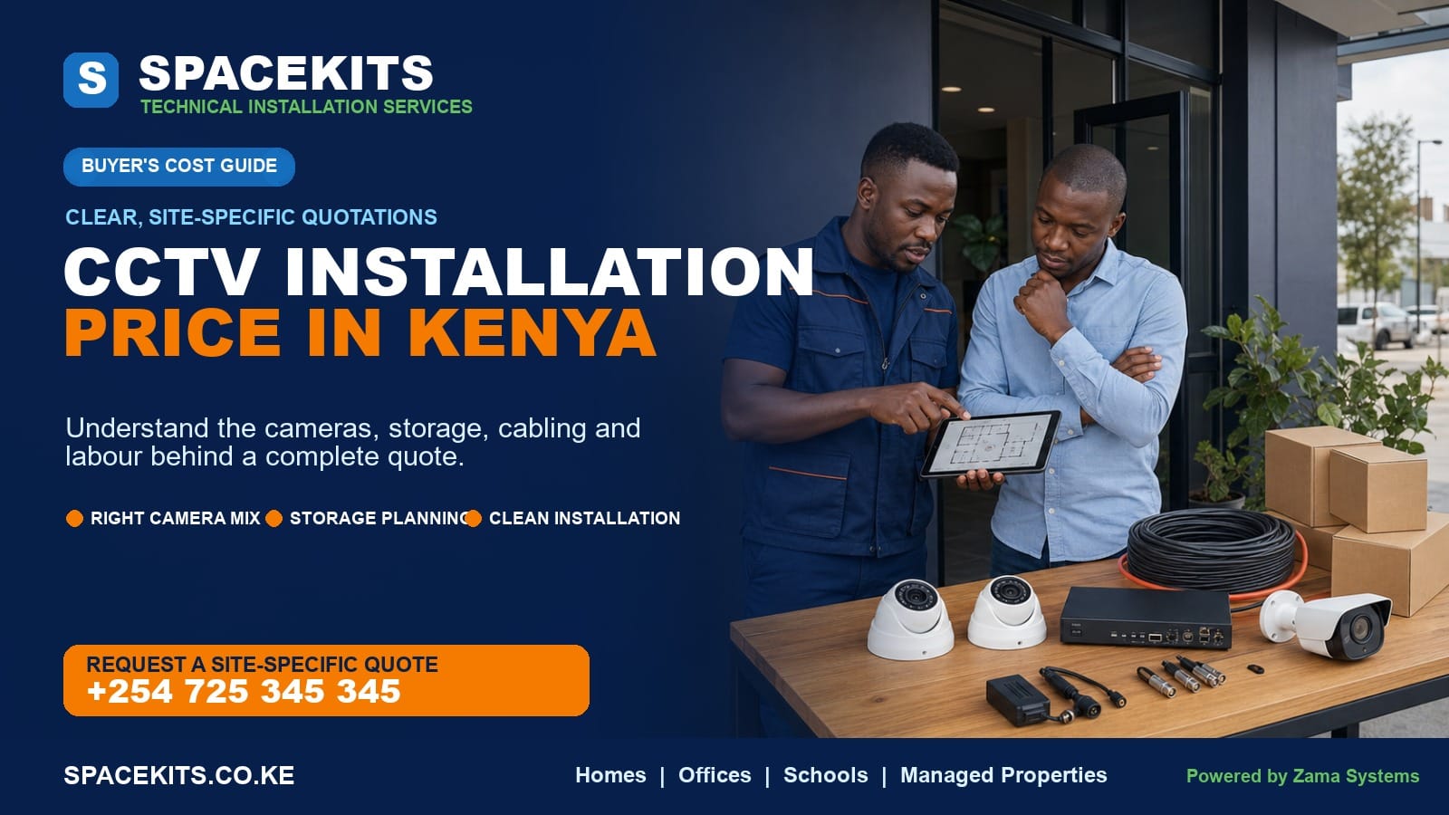 SpaceKits CCTV installation price in Kenya guide showing cameras, recorder, cabling and quotation planning
