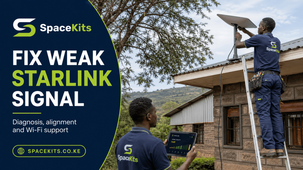 SpaceKits technicians troubleshooting weak Starlink signal in Kenya