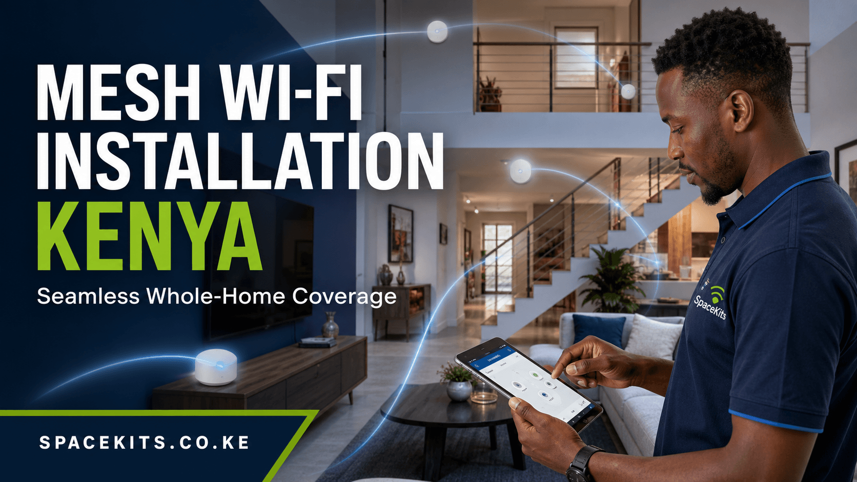 Mesh Wi-Fi Installation Kenya technician configuring whole-home coverage