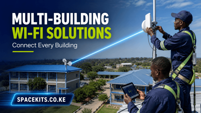 Multi-Building Wi-Fi Solutions technicians aligning a wireless bridge