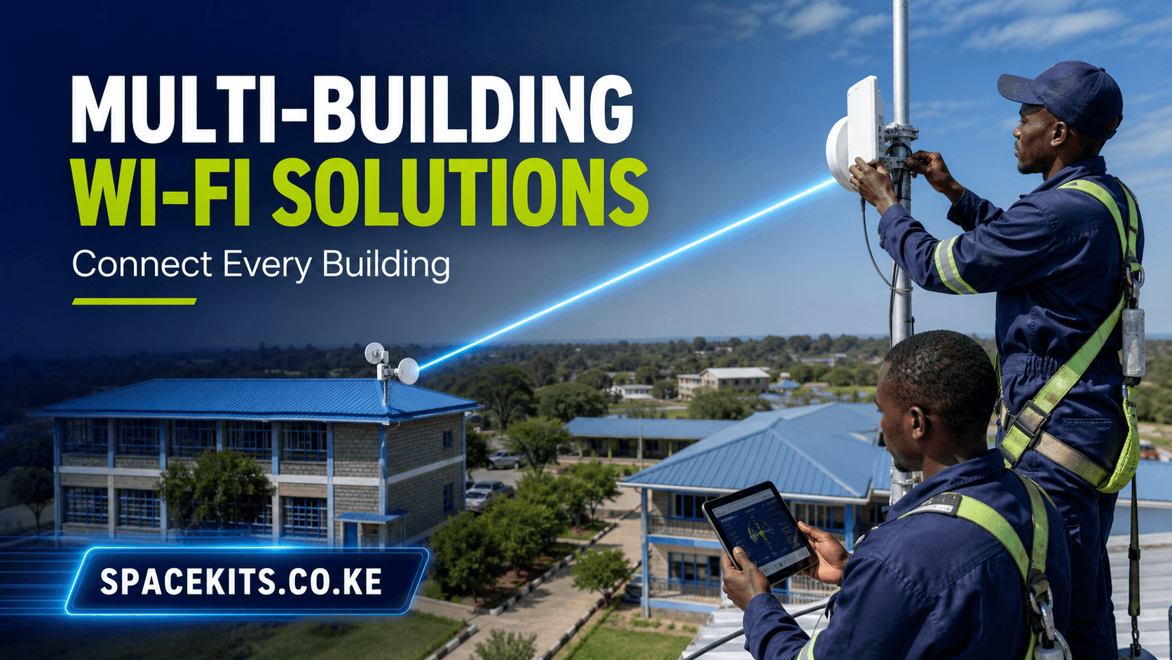 Multi-Building Wi-Fi Solutions technicians aligning a wireless bridge