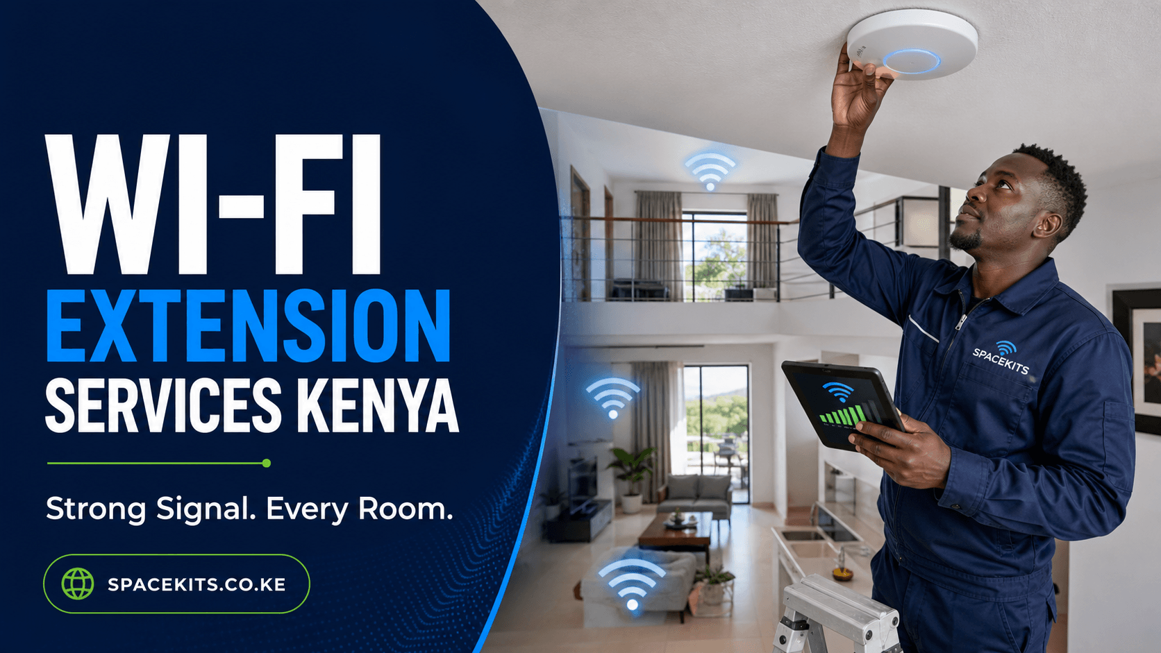 Wi-Fi Extension Services Kenya technician installing a ceiling access point