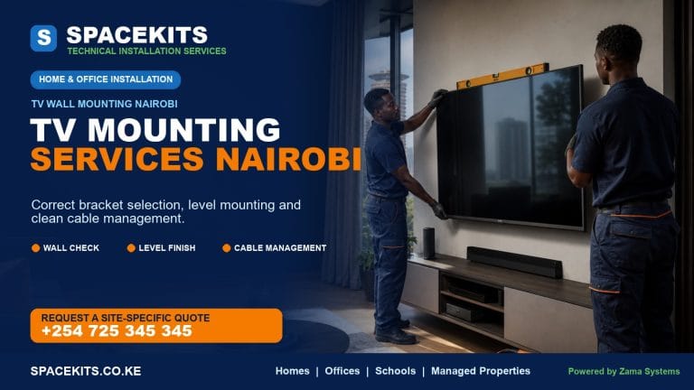 SpaceKits technicians mounting a television level on a Nairobi living-room wall