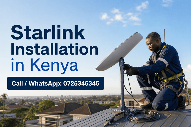 Technician completing professional Starlink installation in Kenya - call or WhatsApp 0725345345