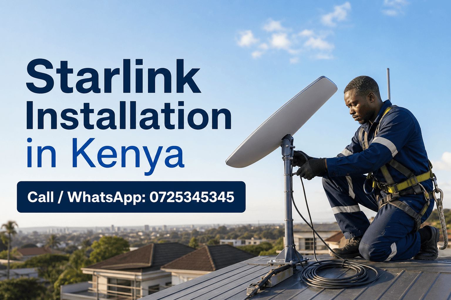 Technician completing professional Starlink installation in Kenya - call or WhatsApp 0725345345
