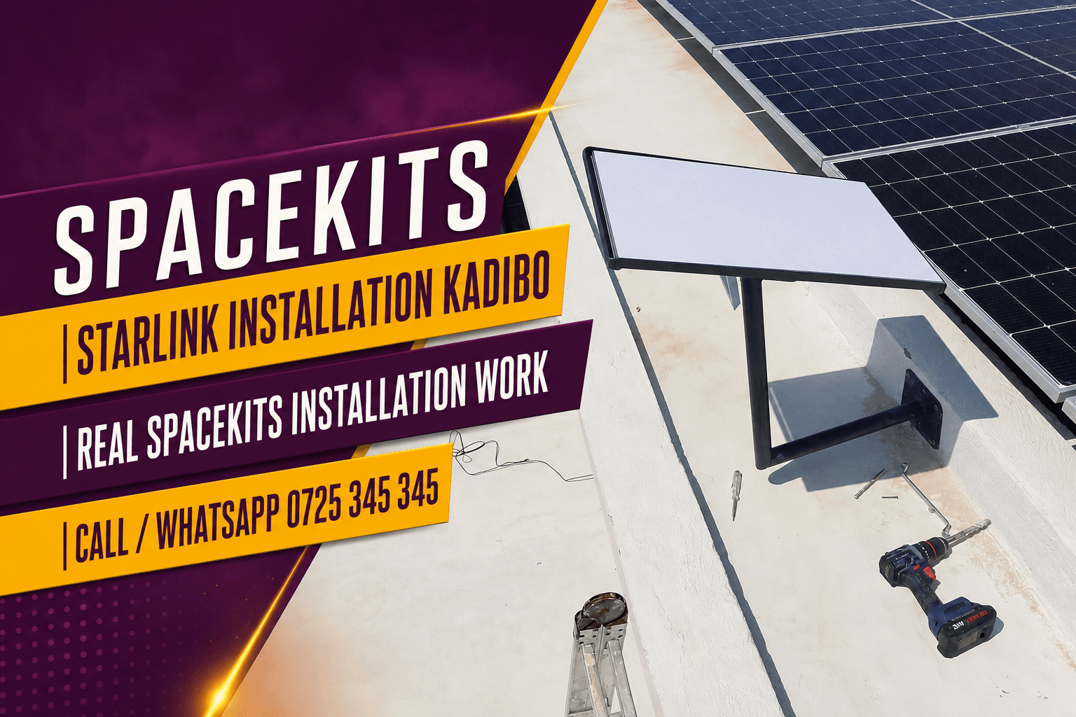 Starlink installation Kadibo service-area flyer using a SpaceKits archive photo of a wall-mounted rectangular dish near rooftop solar panels and tools