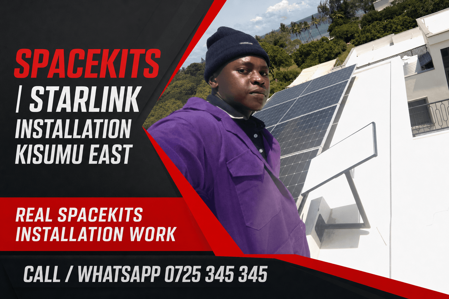 Starlink installation Kisumu East service-area flyer using a SpaceKits archive photo of an installer beside a wall-mounted rectangular dish and solar panels