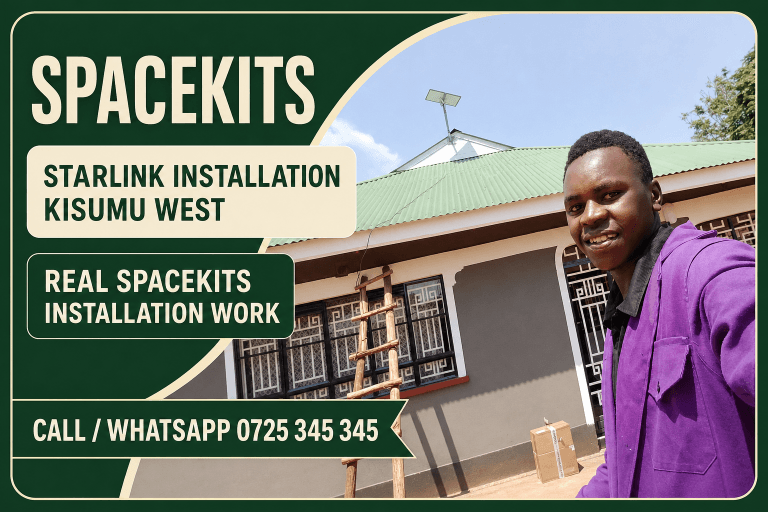 Starlink installation Kisumu West service-area flyer using a SpaceKits archive photo of an installer outside a home with a dish mounted above a green roof