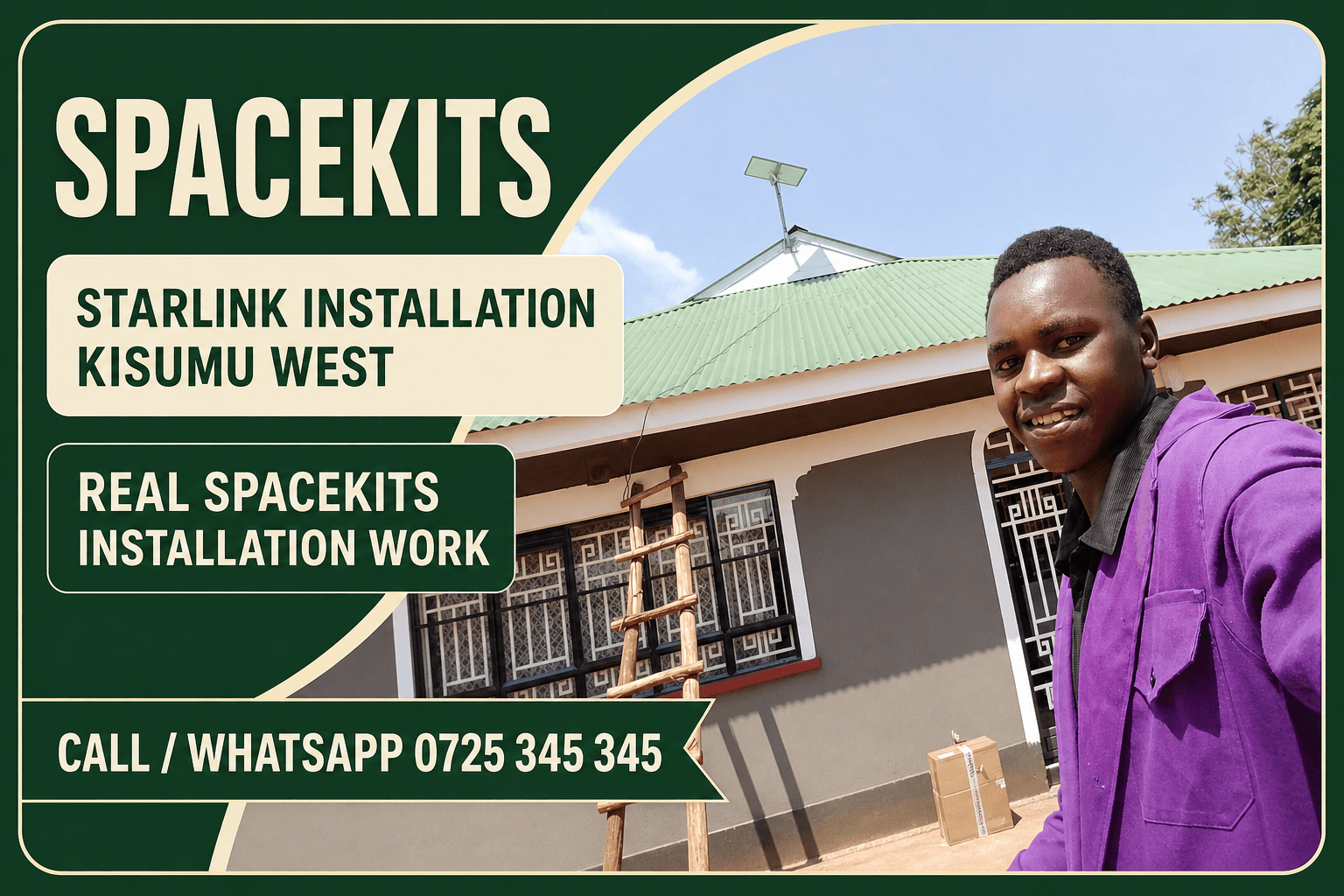 Starlink installation Kisumu West service-area flyer using a SpaceKits archive photo of an installer outside a home with a dish mounted above a green roof