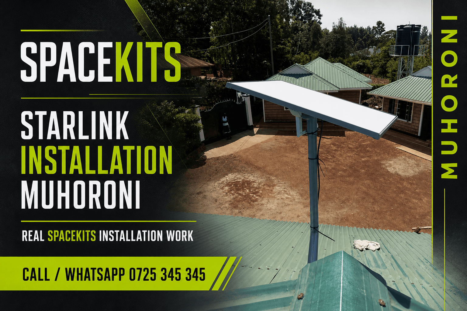 Starlink installation Muhoroni service-area flyer using a SpaceKits archive photo of a rectangular dish on a tall rooftop pole