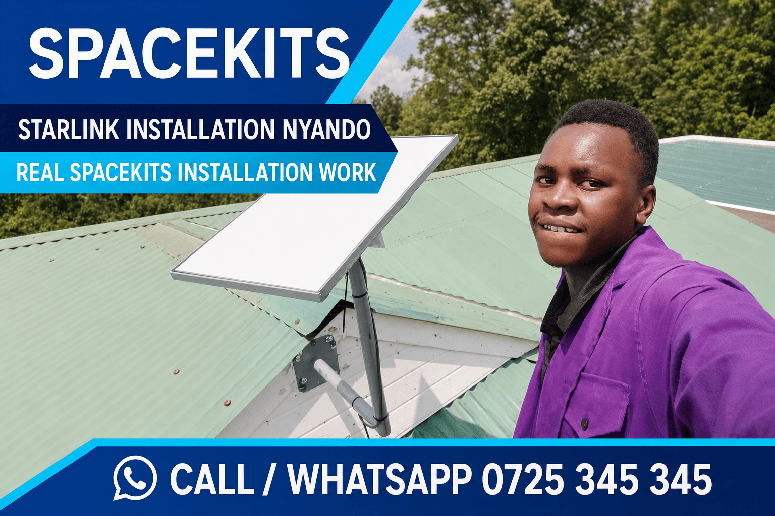 Starlink installation Nyando service-area flyer using a SpaceKits archive photo of an installer beside a rectangular rooftop dish