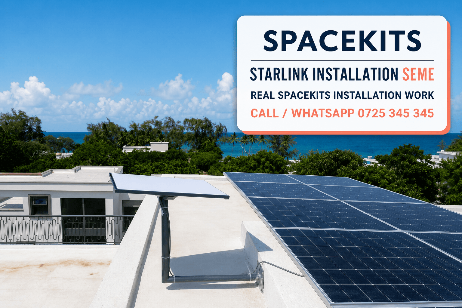Starlink installation Seme service-area flyer using a SpaceKits archive photo of a wall-mounted rectangular dish beside rooftop solar panels