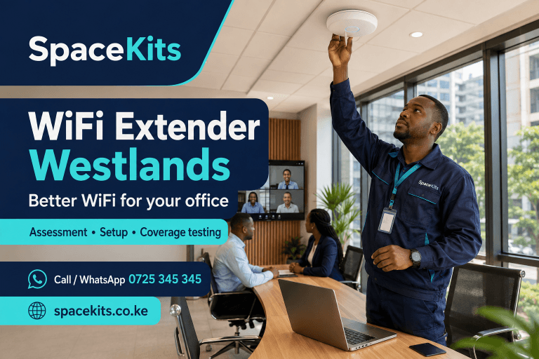 WiFi Extender Westlands – illustrated SpaceKits technician assessing office WiFi coverage