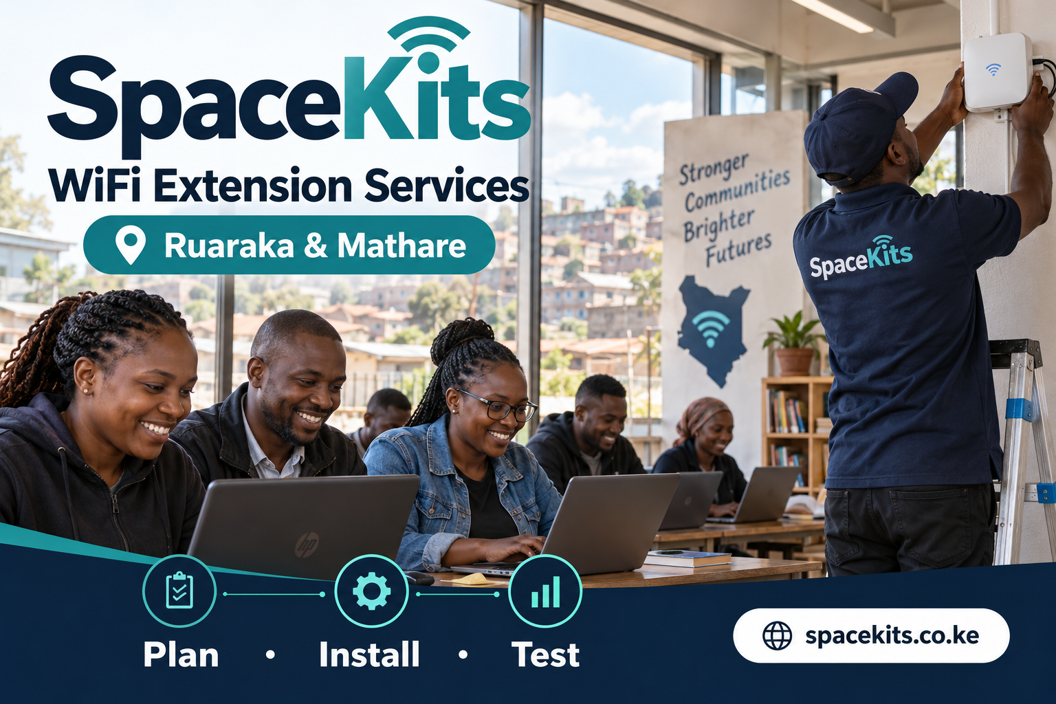 WiFi Extension Services in Ruaraka and Mathare — SpaceKits planning and installation flyer