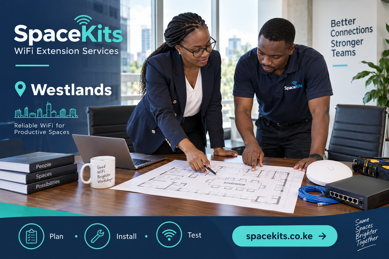 WiFi Extension Services in Westlands — SpaceKits planning and installation flyer